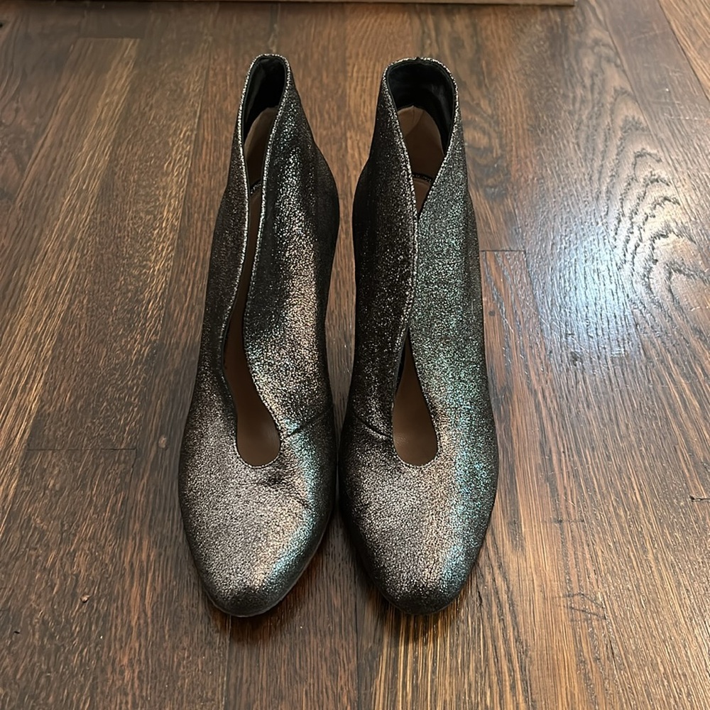 Sparkling silver Gianvito Rossi medium heel booties.
